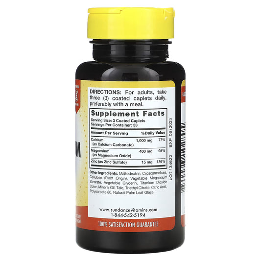 Sundance Vitamins, Cálcio, Magnésio, Zinco, 100 Cápsulas Revestidas
