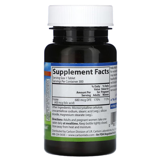 Carlson, Ácido Fólico, 400 mcg, 300 Comprimidos Vegetarianos