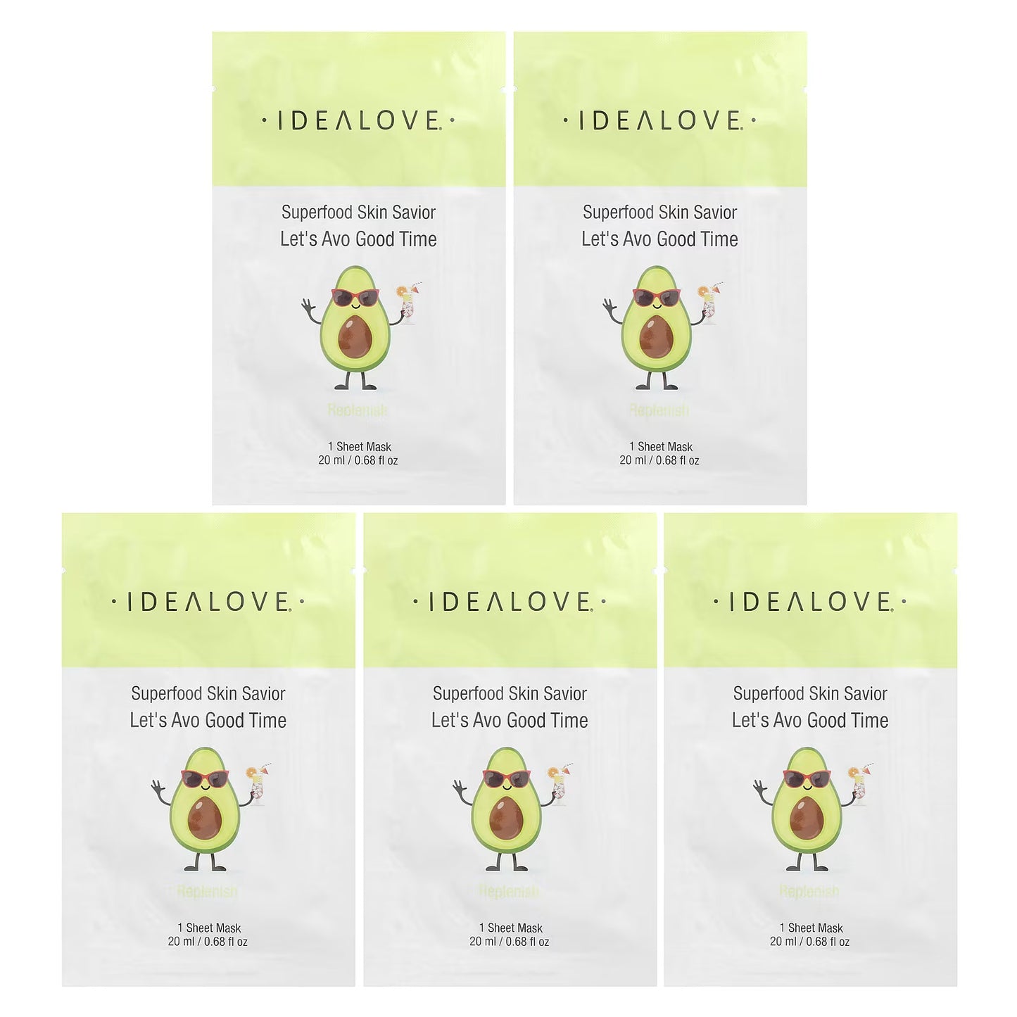 Idealove, Superfood Skin Savior, Let's Avo Good Time, 5 Máscaras Faciais de Beleza, 20 ml (0,68 fl oz) Cada