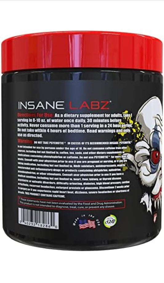 Insane Labz, Psychotic, Pré-Treino de Alto Estímulo em pó, Energia Extrema e Duradoura, Foco e Resistência com Beta Alanina, Creatina Monohidratada e DMAE, 35 Porções