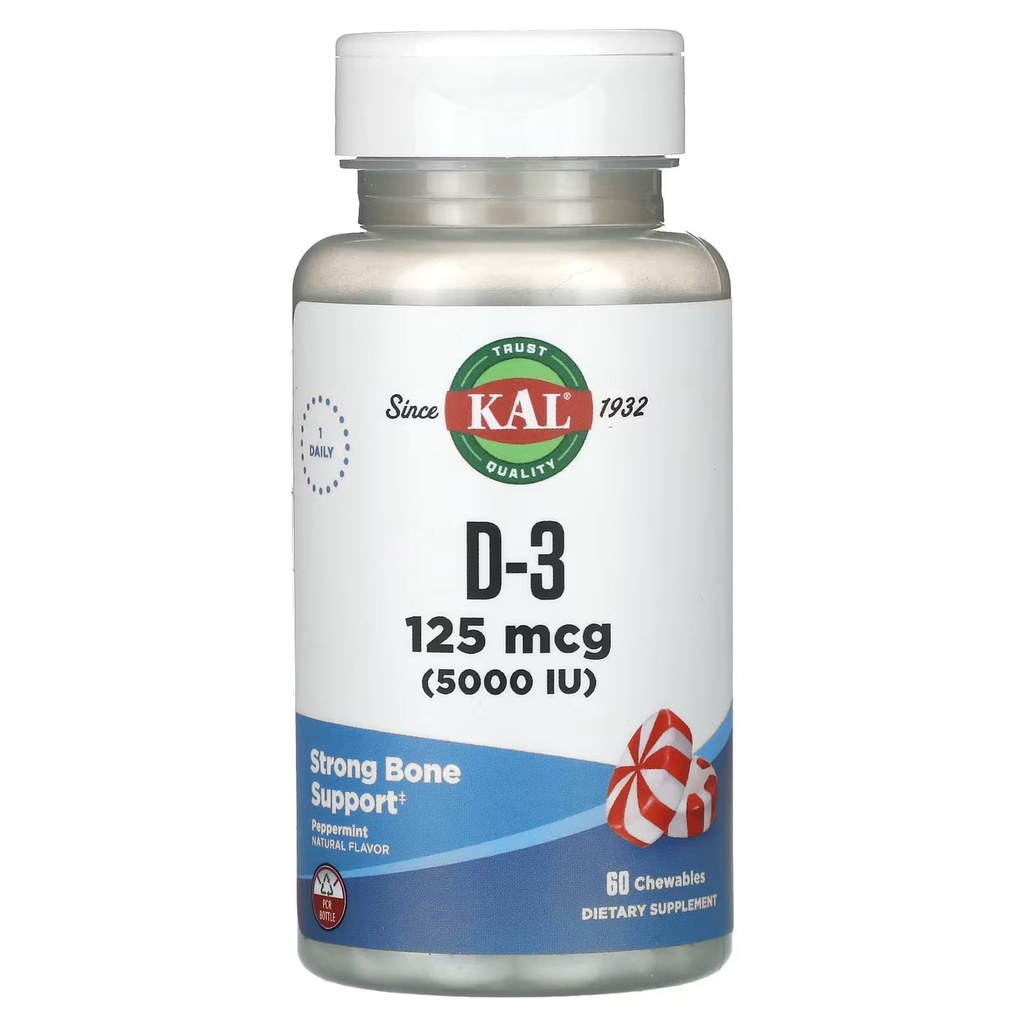 KAL, D-3, Sabor Hortelã-Pimenta, 125 mcg (5.000 UI), 60 Mastigáveis