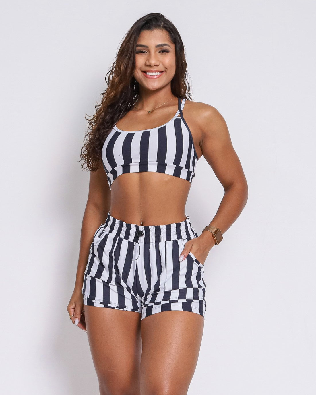 Conjunto Short Boxer Listrado P&B, Tamanho Único
