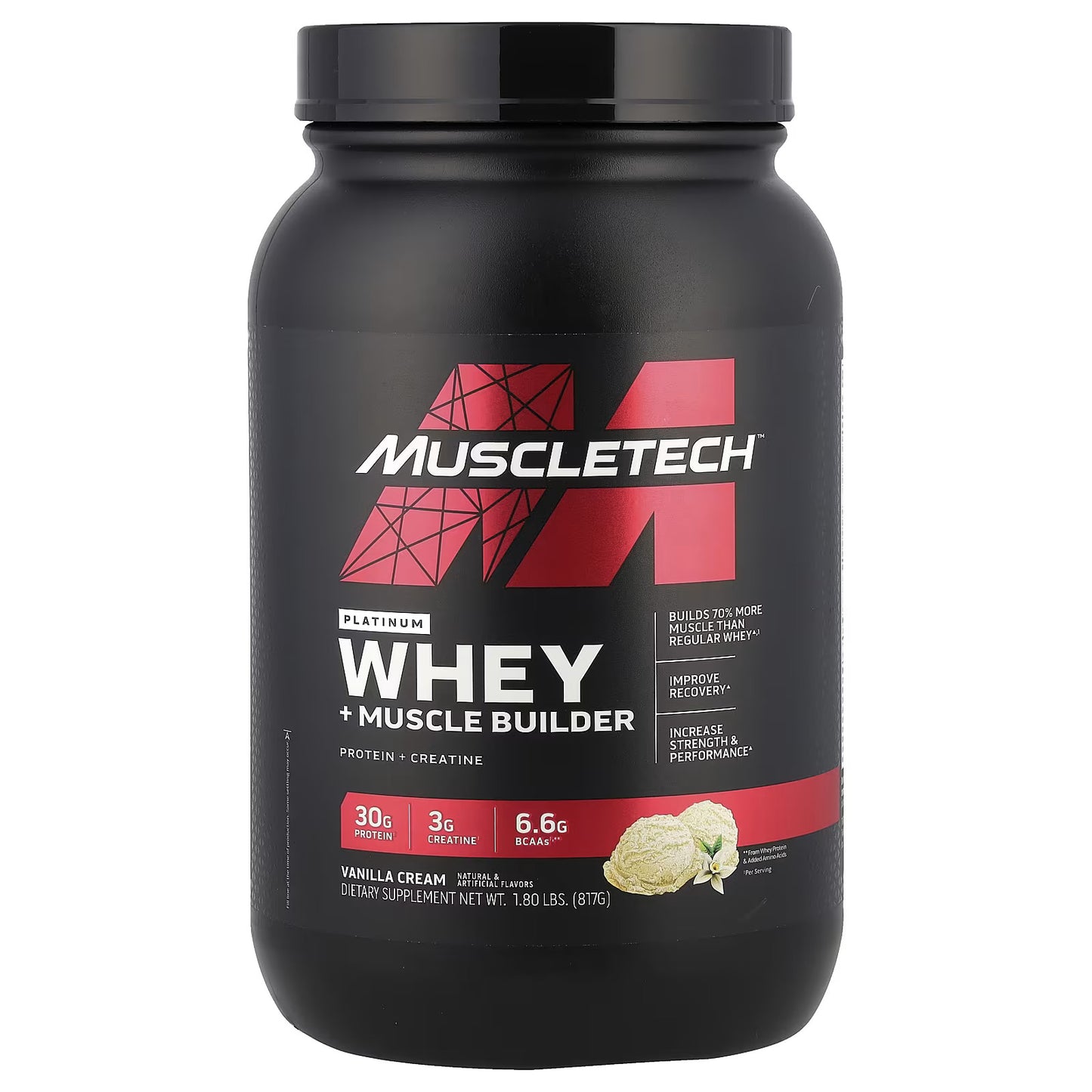 MuscleTech, Platinum Whey + Construtor de Músculos, Creme de Baunilha, 817 g (1,8 lb)