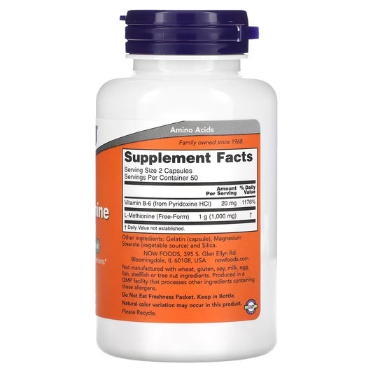 Now Foods, L-Metionina, (L-Methionine), 500 Mg, 100 Cápsulas