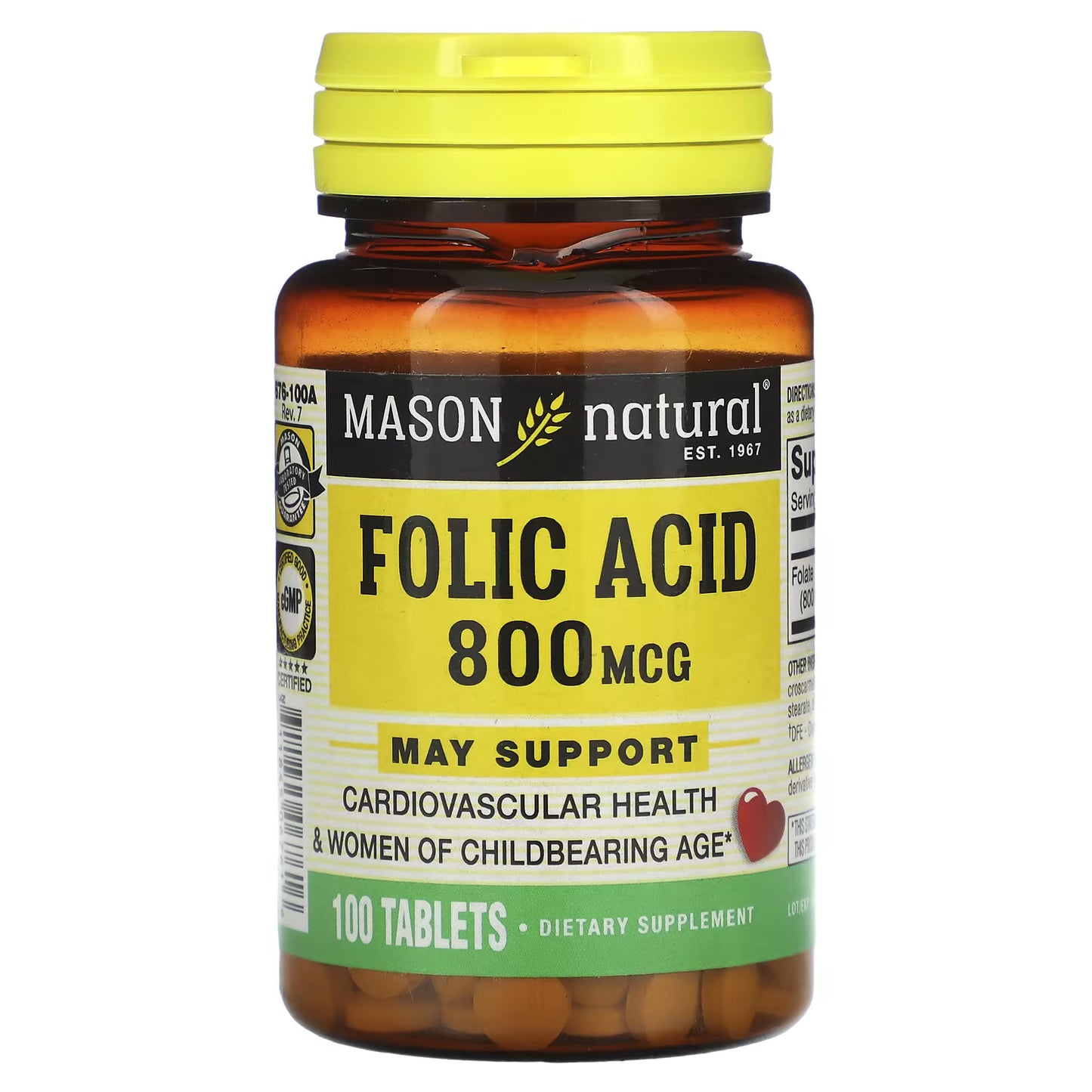 Mason Natural, Ácido Fólico, 800 mcg, 100 Comprimidos