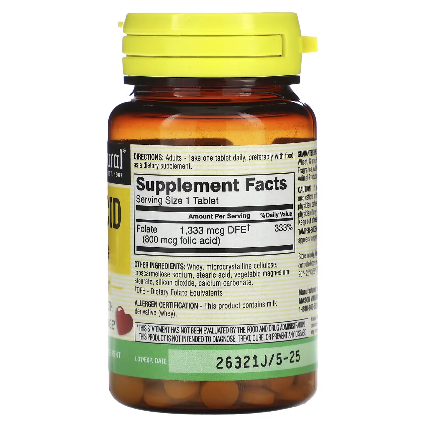 Mason Natural, Ácido Fólico, 800 mcg, 100 Comprimidos