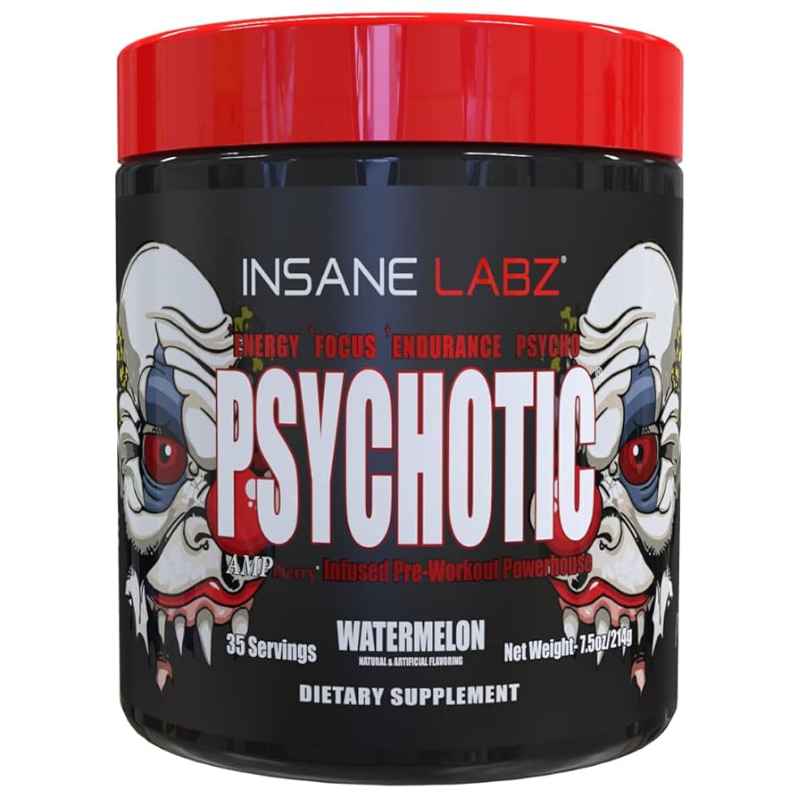 Insane Labz, Psychotic, Pré-Treino de Alto Estímulo em pó, Energia Extrema e Duradoura, Foco e Resistência com Beta Alanina, Creatina Monohidratada e DMAE, 35 Porções