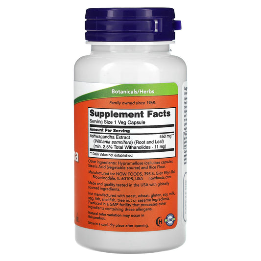 NOW Foods, Ashwagandha, Extrato Padronizado, 450 mg, 90 Cápsulas Vegetais