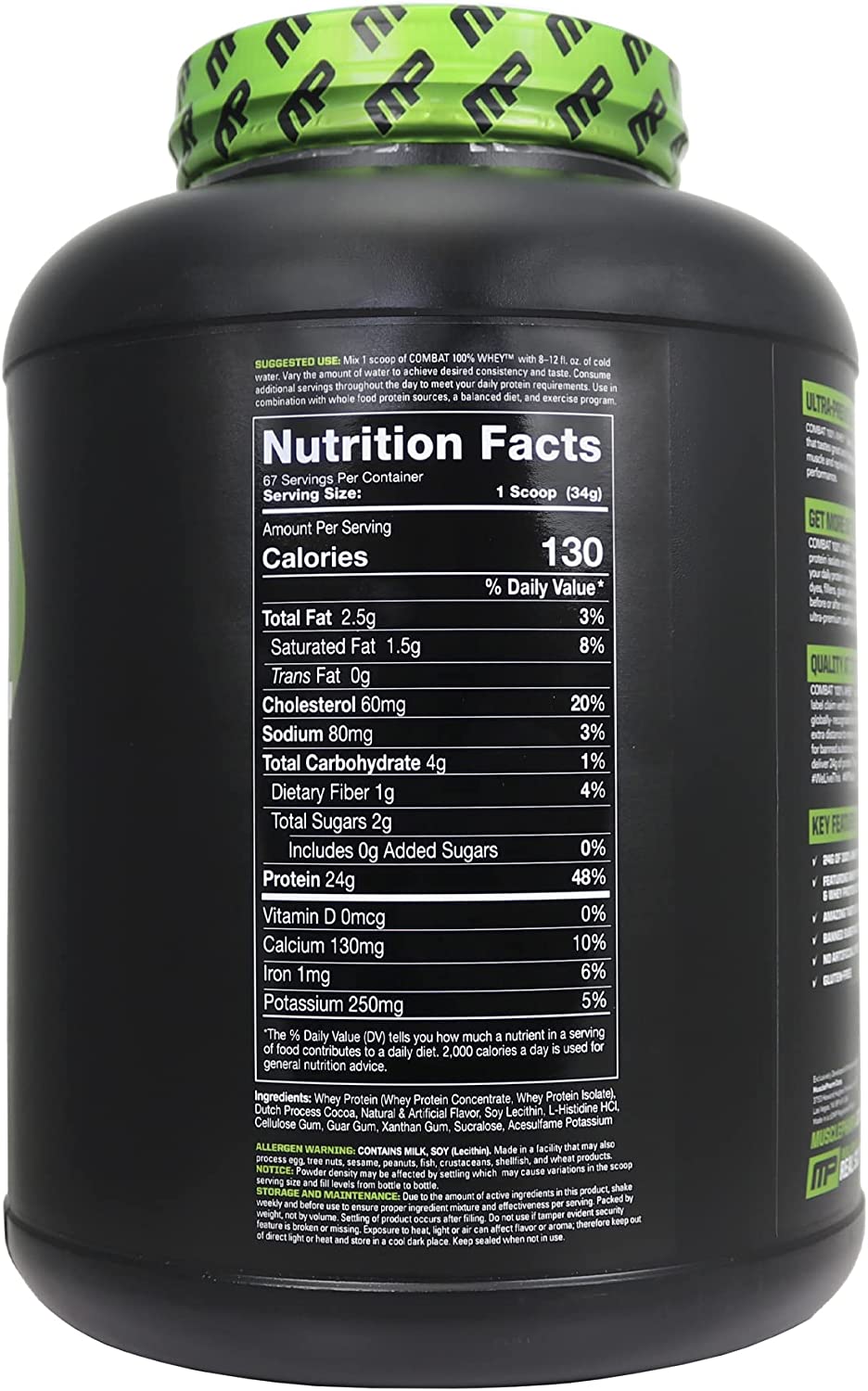 MusclePharm Combat 100% Whey, Whey Protein Powder, Chocolate Milk, 5 libras, 67 porções