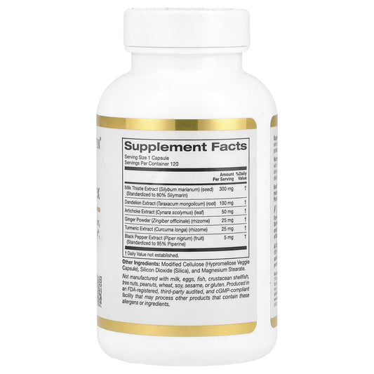 California Gold Nutrition, Complexo de Silimarina, Extrato de Cardo Mariano com Dente-de-Leão, Alcachofra, Curcumina C3 Complex®, Gengibre e BioPerine®, 120 Cápsulas Vegetais
