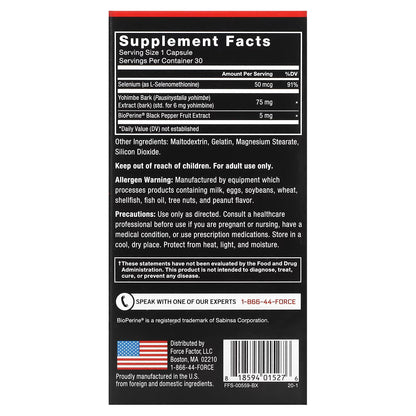Force Factor, Ioimbina, 6 mg, 30 Cápsulas