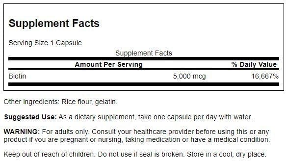 Biotina 5.000 mcg – Swanson® | Cabelos, Pele e Unhas | 30 Cápsulas