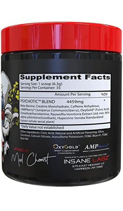 Insane Labz, Psychotic, Pré-Treino de Alto Estímulo em pó, Energia Extrema e Duradoura, Foco e Resistência com Beta Alanina, Creatina Monohidratada e DMAE, 35 Porções