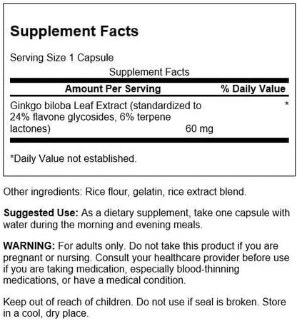 Ginkgo Biloba Extract Swanson 60 mg – Memória, Foco e Saúde Cognitiva | 120 Cápsulas