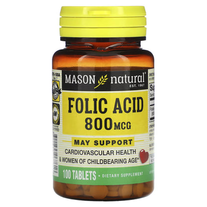 Mason Natural, Ácido Fólico, 800 mcg, 100 Comprimidos