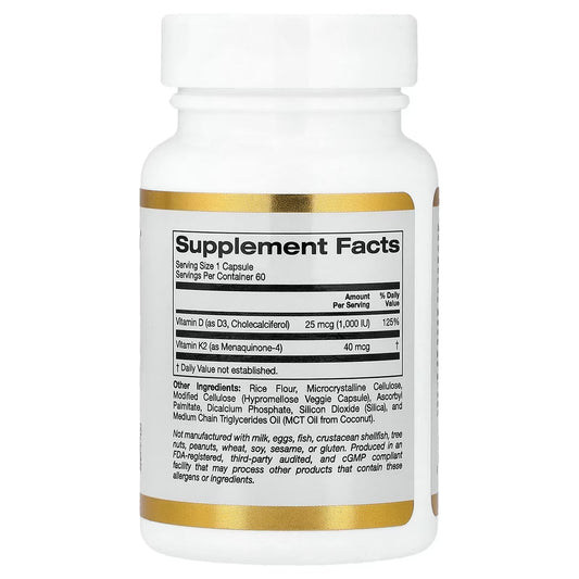 California Gold Nutrition, Vitamina D3 + K2, 60 Cápsulas Vegetais
