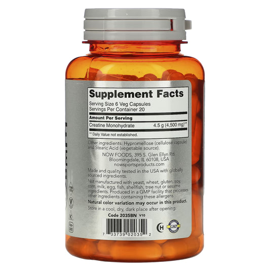 NOW Foods, Esportes, Creatina Mono-hidratada, 750 mg, 120 Cápsulas Vegetais