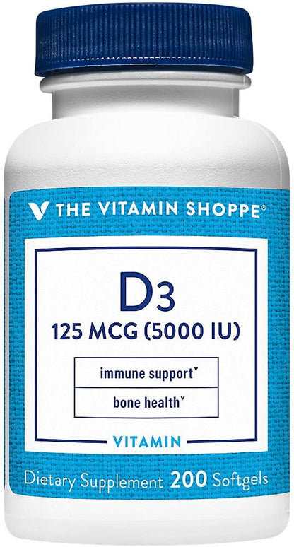 Vitamina D3 5000 UI (125 mcg) – The Vitamin Shoppe | Imunidade e Saúde Óssea (200 Softgels)