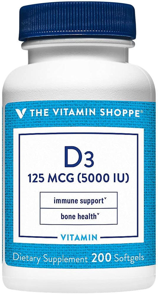 Vitamina D3 5000 UI (125 mcg) – The Vitamin Shoppe | Imunidade e Saúde Óssea (200 Softgels)