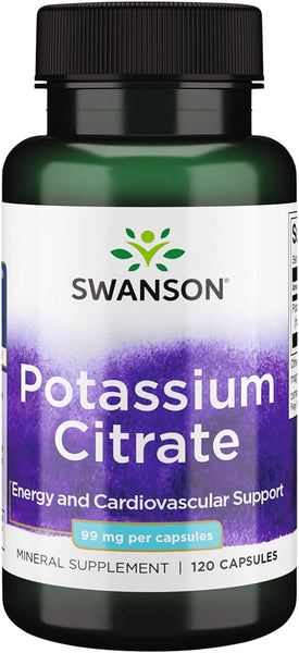 Citrato de potássio Swanson - suplemento mineral que promove a saúde do coração e suporte energético - auxilia na função ideal dos nervos e rins com ingredientes naturais - (120 cápsulas, 99 mg cada)