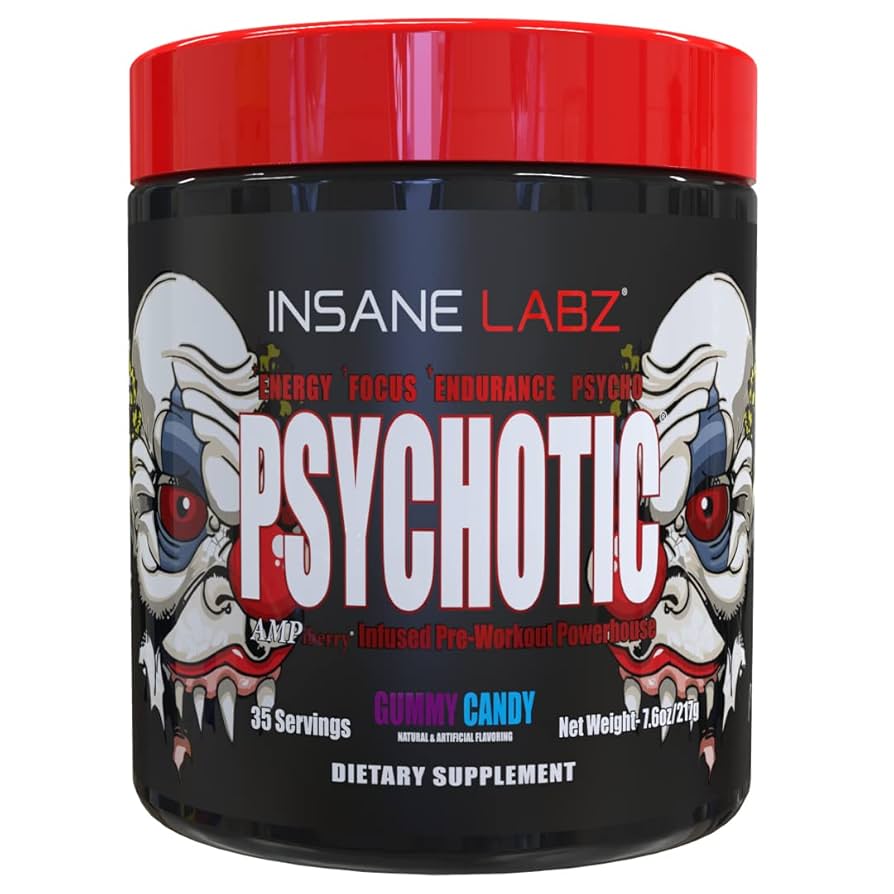 Insane Labz, Psychotic, Pré-Treino de Alto Estímulo em pó, Energia Extrema e Duradoura, Foco e Resistência com Beta Alanina, Creatina Monohidratada e DMAE, 35 Porções