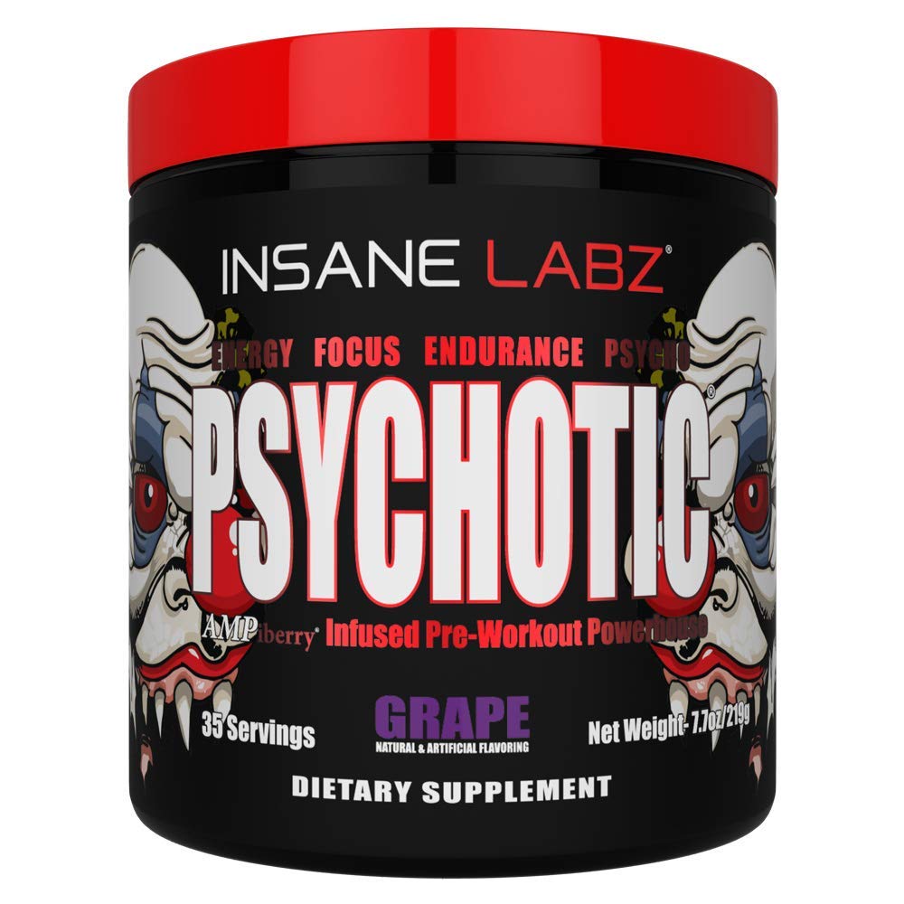 Insane Labz, Psychotic, Pré-Treino de Alto Estímulo em pó, Energia Extrema e Duradoura, Foco e Resistência com Beta Alanina, Creatina Monohidratada e DMAE, 35 Porções