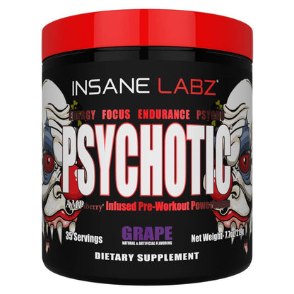 Insane Labz, Psychotic, Pré-Treino de Alto Estímulo em pó, Energia Extrema e Duradoura, Foco e Resistência com Beta Alanina, Creatina Monohidratada e DMAE, 35 Porções