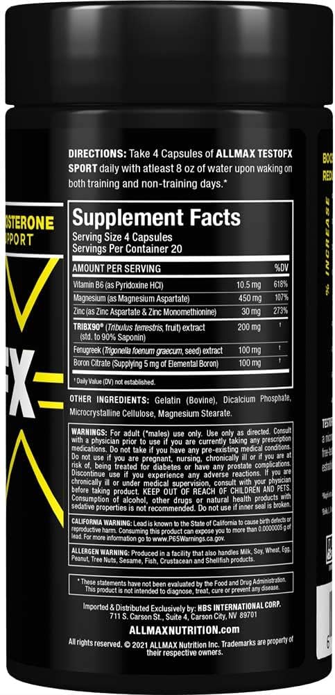 ALLMAX TestoFX Sport – Suporte Natural à Testosterona | B6, Magnésio, Zinco, Tribulus, Feno-grego e Boro (80 cápsulas)