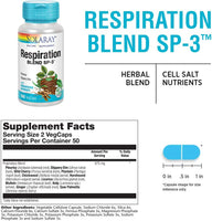 SOLARAY Respiration Blend SP-3 | Herbal Blend w/Cell Salt Nutrientes para Ajudar a Suportar uma Respiração Saudável | Não OGM, Vegan | 50 Porções | 100 VegCaps