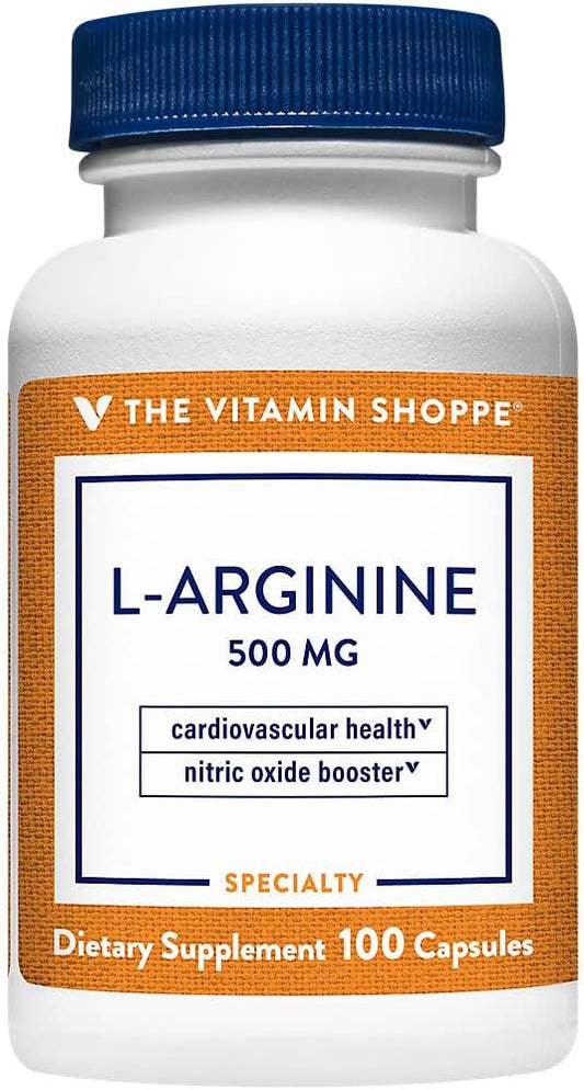L-Arginina 500mg The Vitamin Shoppe – Óxido Nítrico, Pump e Saúde Cardiovascular (100 Cápsulas)