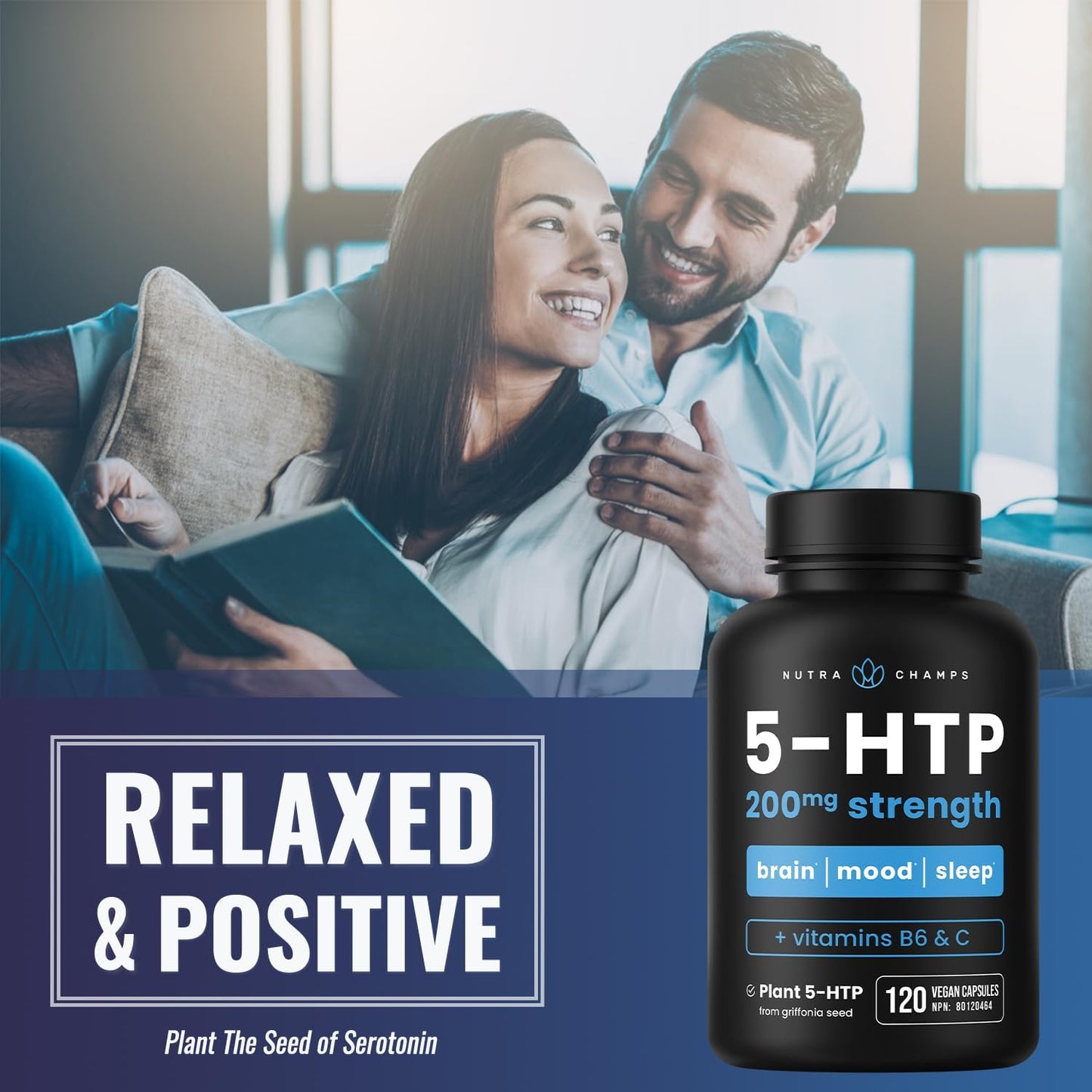 5-HTP 200mg Nutra Champs – Suporte para Humor, Sono e Cérebro | Com Vitaminas B6 e C | 120 Cápsulas Veganas