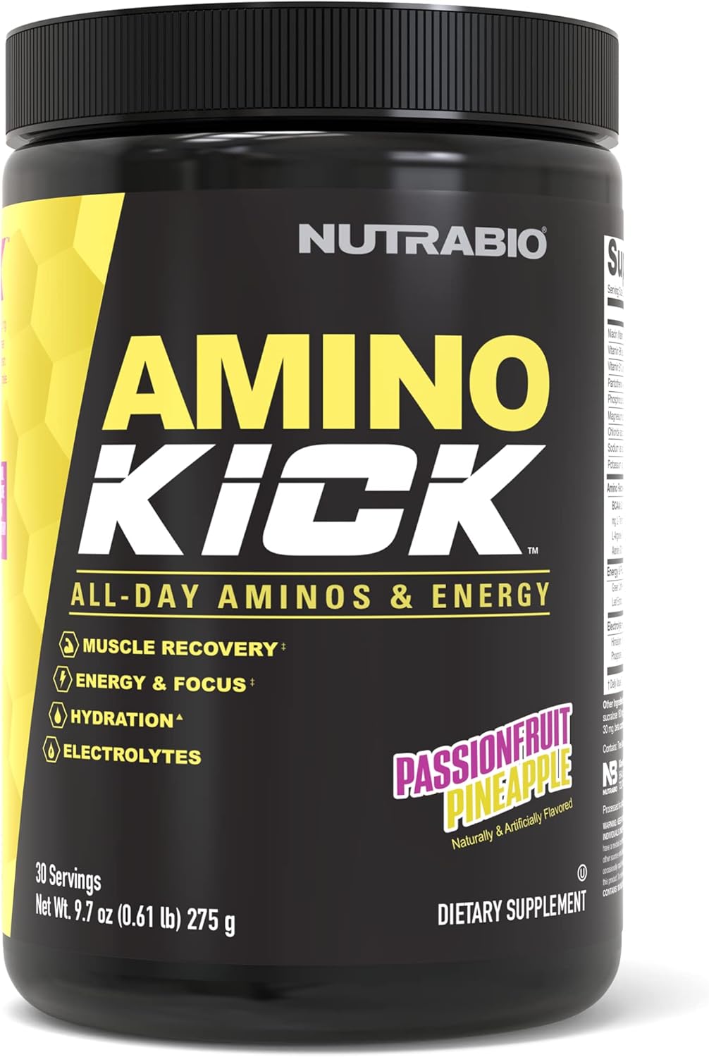 Amino Kick NutraBio – Aminos + Energia o Dia Todo | Recuperação Muscular, Foco e Hidratação (275 g)