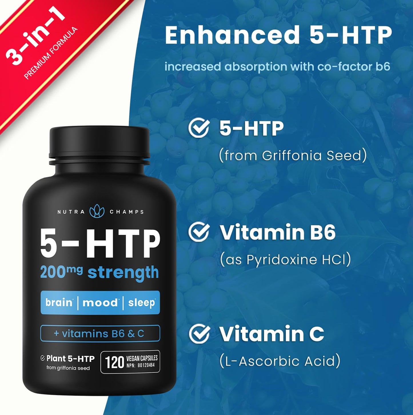 5-HTP 200mg Nutra Champs – Suporte para Humor, Sono e Cérebro | Com Vitaminas B6 e C | 120 Cápsulas Veganas