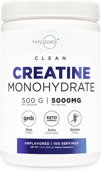 Type Zero Creatine Monohydrate (Unflavored | 500g), 5000 mg Per Serving, Micronized 100 Servings
