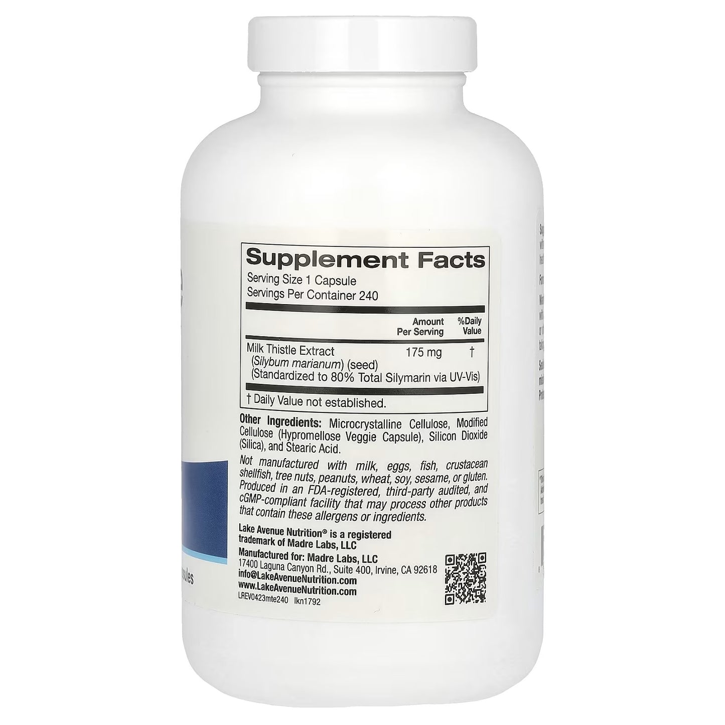 Lake Avenue Nutrition, Extrato de Cardo Mariano, Milk-Thistle, 175 mg, 240 Cápsulas Vegetais