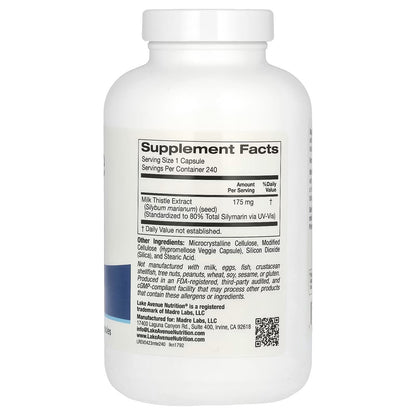 Lake Avenue Nutrition, Extrato de Cardo Mariano, Milk-Thistle, 175 mg, 240 Cápsulas Vegetais