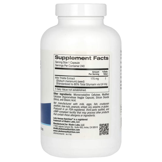 Lake Avenue Nutrition, Extrato de Cardo Mariano, Milk-Thistle, 175 mg, 240 Cápsulas Vegetais