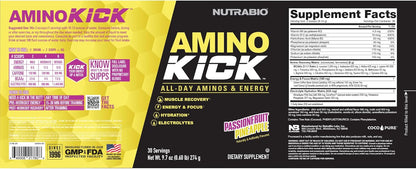 Amino Kick NutraBio – Aminos + Energia o Dia Todo | Recuperação Muscular, Foco e Hidratação (275 g)