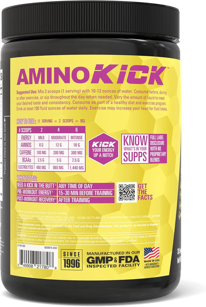 Amino Kick NutraBio – Aminos + Energia o Dia Todo | Recuperação Muscular, Foco e Hidratação (275 g)