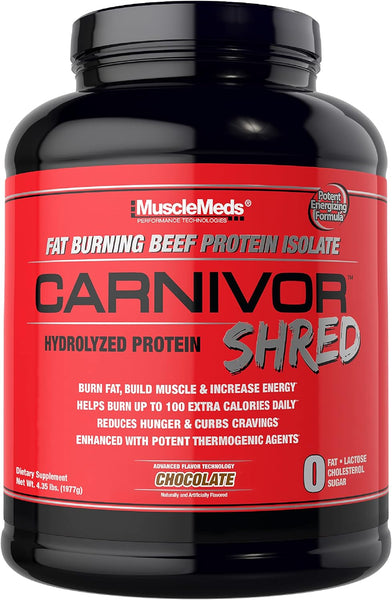 MuscleMeds Carnivor Shred Isolado de proteína de carne hidrolisada para queima de gordura, 0 lactose, 0 açúcar, 0 gordura, chocolate, 4,56 libras