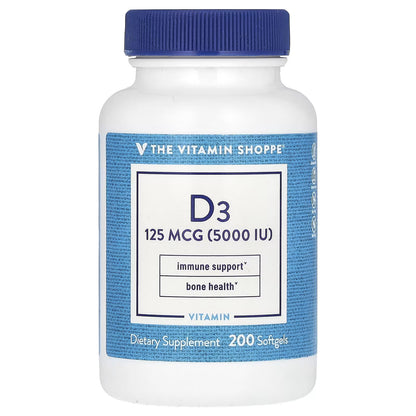 The Vitamin Shoppe, Vitamina D3, 125 mcg (5.000 UI), 200 Cápsulas Softgel