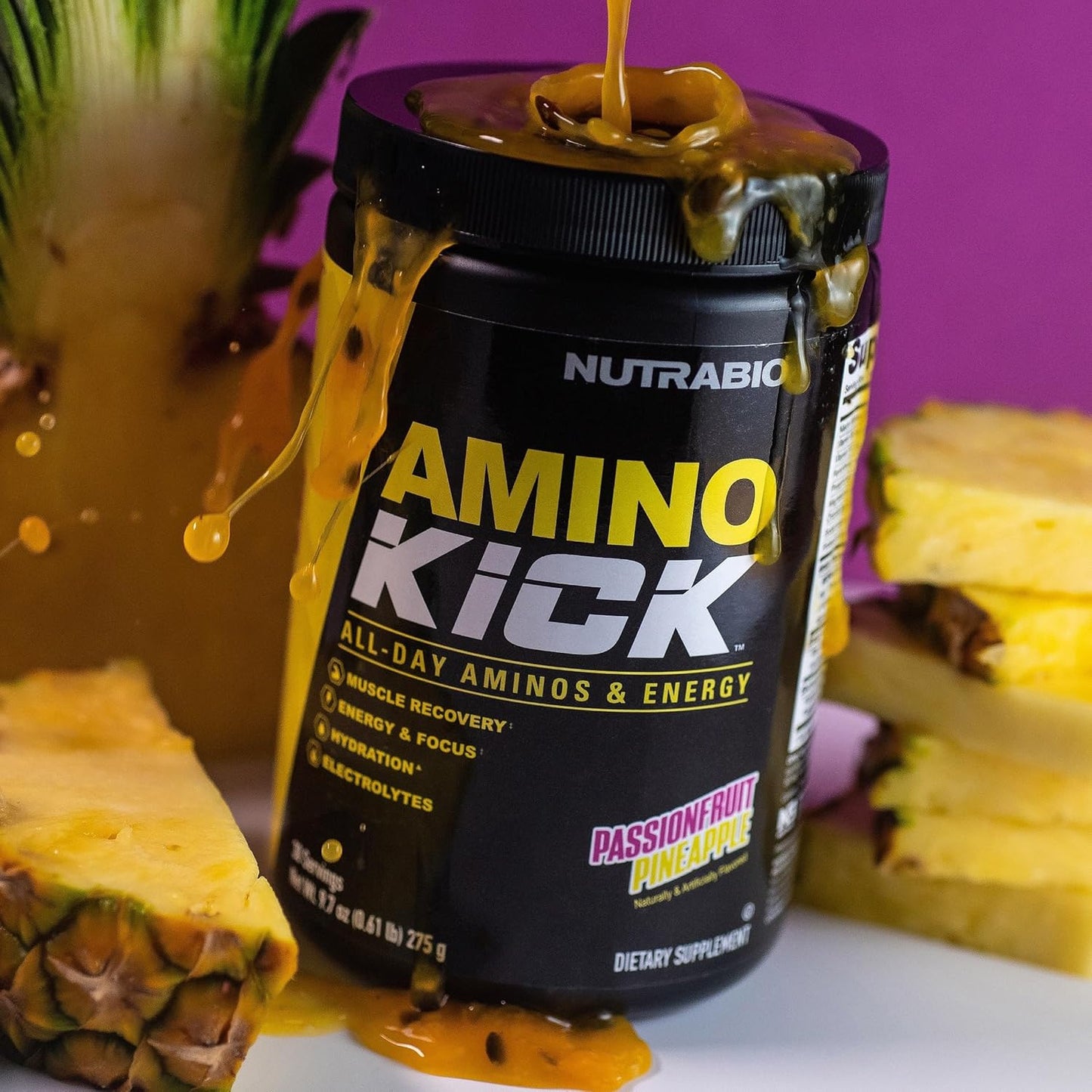 Amino Kick NutraBio – Aminos + Energia o Dia Todo | Recuperação Muscular, Foco e Hidratação (275 g)