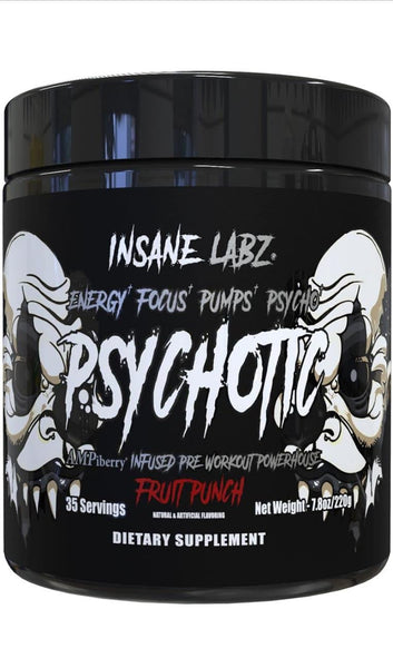 Insane Labz Psychotic Black Edition, Pó Pré-Treino de Estímulo Médio, Energia, Foco e Bombas, Carregado com Creatina, Beta Alanina, Taurina e Alimentado por AMPiberry, 35 Porções (Fruit Punch)