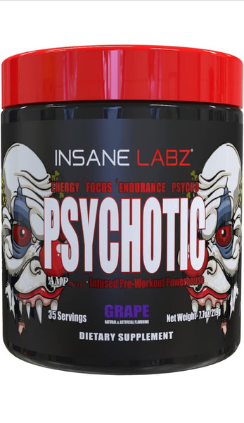 Insane Labz Psychotic, Pó Pré-Treino de Alto Estímulo, Energia Extrema e Duradoura, Foco e Resistência com Beta Alanina, Creatina Monohidratada e DMAE, 35 Porções (Grape)