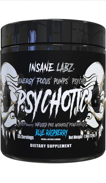 Insane Labz Psychotic Black Edition, Pó Pré-Treino de Estímulo Médio, Energia, Foco e Bombas, Carregado com Creatina, Beta Alanina, Taurina e Alimentado por AMPiberry, 35 Porções (Blue Raspberry)