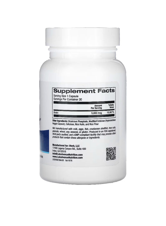 Lake Avenue Nutrition, Biotin, 5.000mcg, Pele Saudável, Cabelo e Unhas30 caps, 100% Vegetariano Biotin
