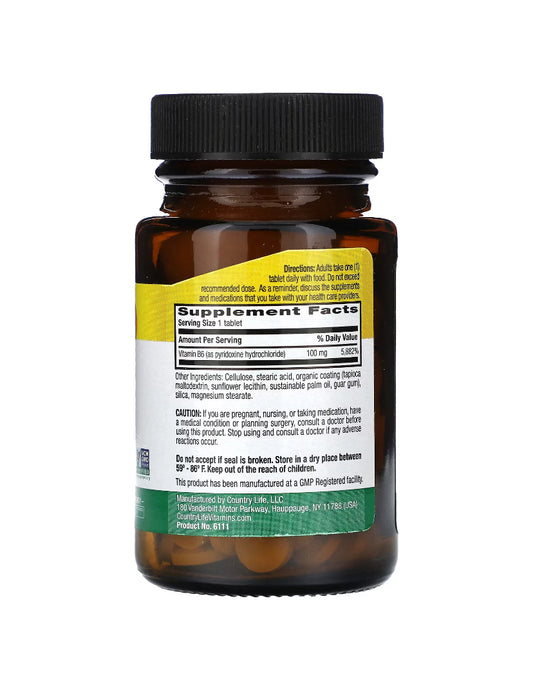 Country Life
Vitamina B6, 100 mg, 100 comprimidos
