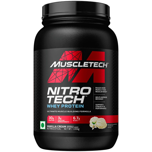 MuscleTech, Nitro Tech Whey Protein Vanilla Cream 2.21 lbs (1 kg)Whey Protein Powder Isolado e Peptídeos Proteína + Creatina para ganho muscular Construtor muscular para homens e mulheres