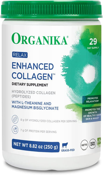 Organika Enhanced Collagen Relax Powder com Bisglicinato de Magnésio e L-Teanina - Auxilia no sono, níveis de energia sustentados ao longo do dia - 250g
