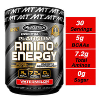 MuscleTech Essential Series Platinum Amino Plus Energy BCAA Powder, Watermelon,  30 Serving